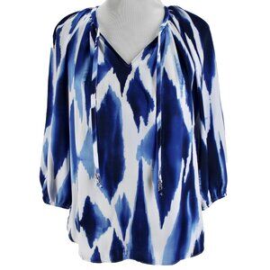 Chicos Blouse Sz 0 S Blue White Watercolor Print 3/4 Sleeve Tie Neck Womens